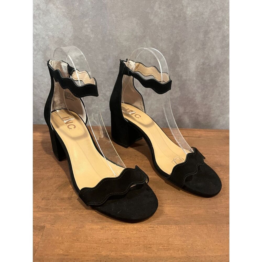 INC International Concepts Black Leather Scalloped Suede Block Heel Sandals sz 7